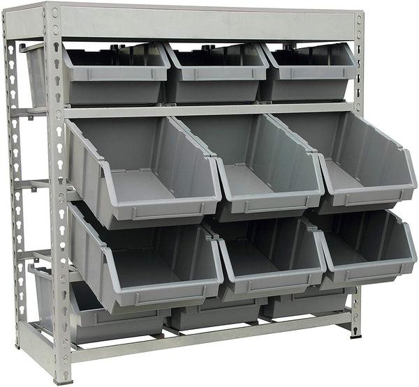 King's Rack Bin Rack Storage System Heavy Duty Steel Rack Organizer Shelving Unit w/ 22 Plastic Bins in 6 Tiers, Gray
